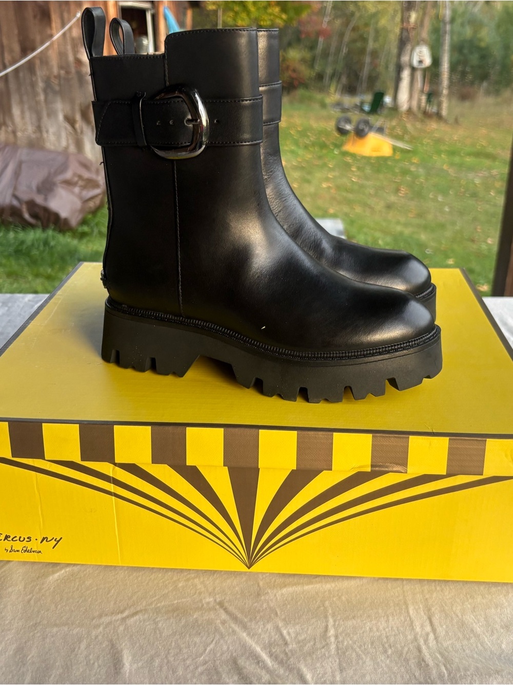 Women's Black Leather Lug Sole Ankle Boots